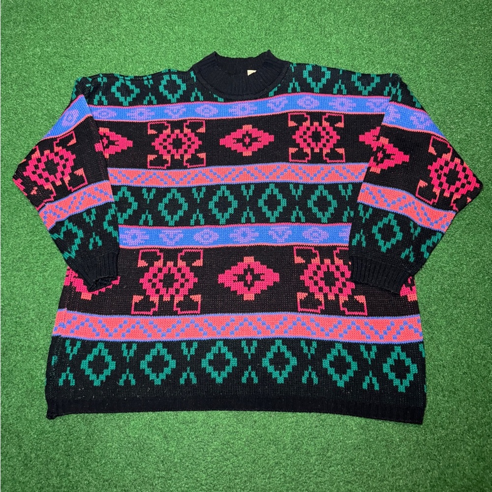 Vintage 80s 90s Abstract Colorful Neon Sweater, Retro Style Fashion (XL)